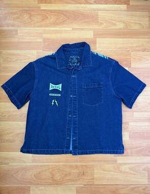 Rebel Vengeance Archive Motorsports Graphic Short Sleeve Denim Button-Up Shirt